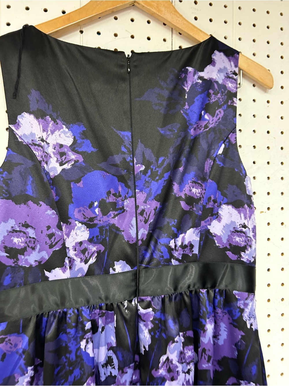 Adrianna Papell Satin Knee Length Black Dress with Purple Floral Print - Picture 4 of 5